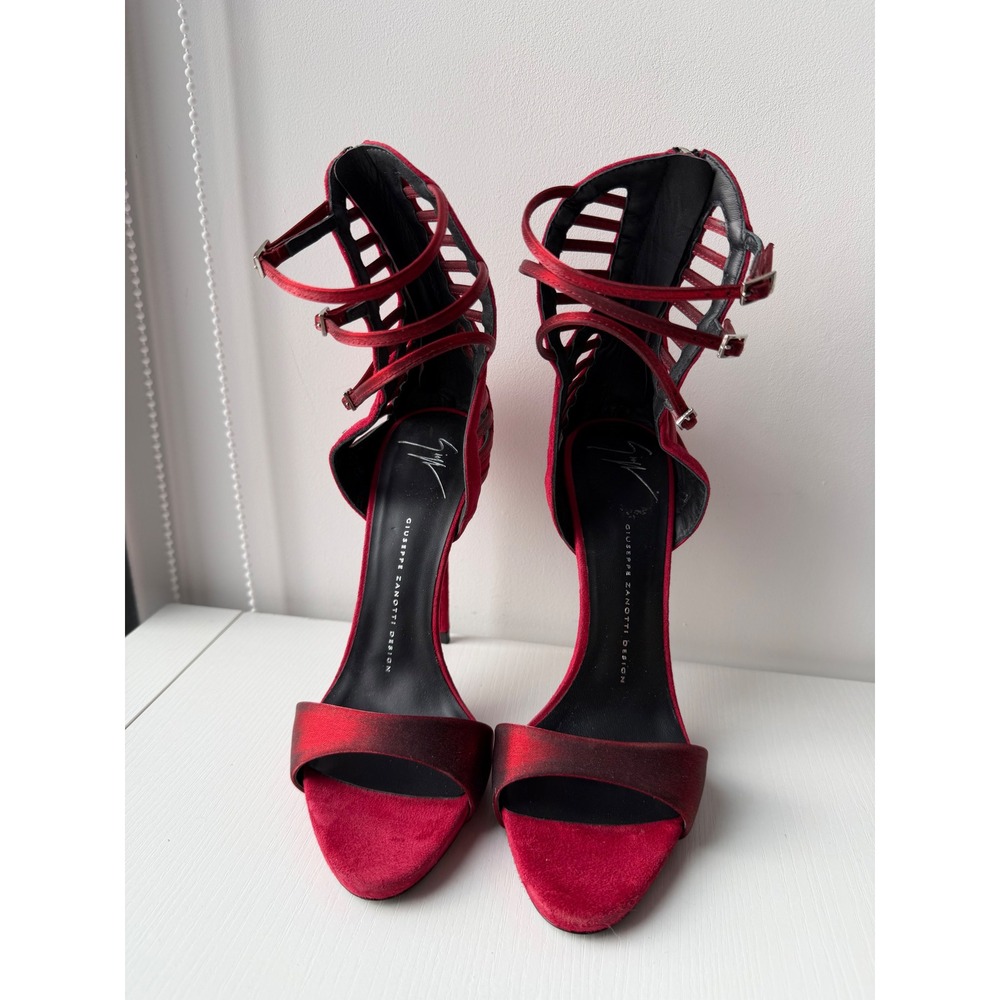 Giuseppe Zanotti Red Suede Metallic Satin Cage Stiletto Sandals Heels Size 38 - Picture 3 of 12